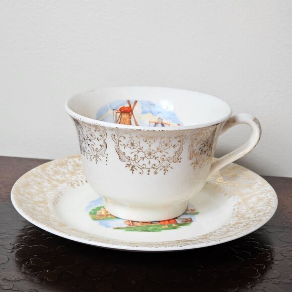 Stetson Vintage Porcelain Tea Cup Saucer Dutch Windmill Scene Gold Ornate Design - Picture 11 of 11
